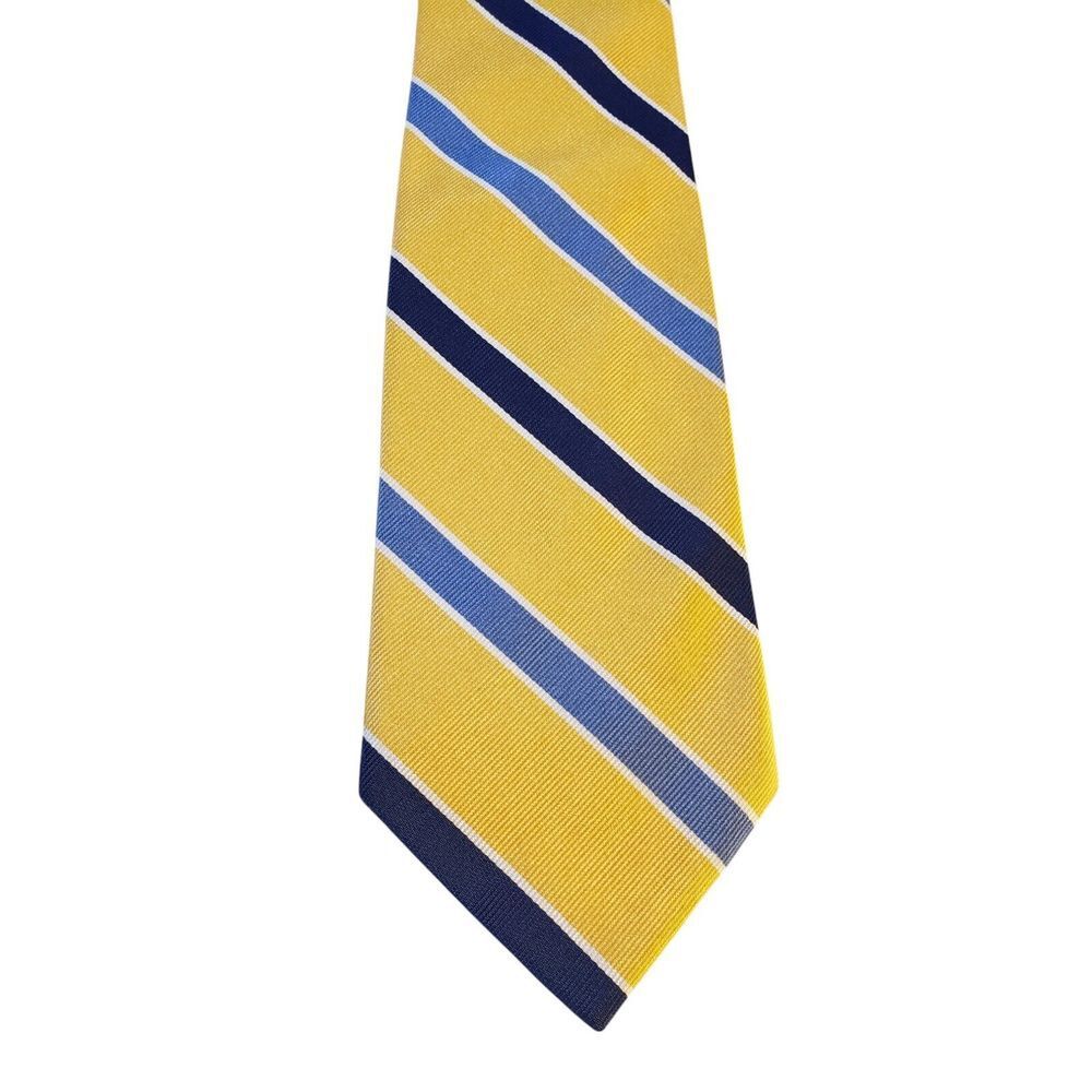 Lands End REPP Mens Tie Necktie Designer Yellow Navy Blue Stripes Businesscore